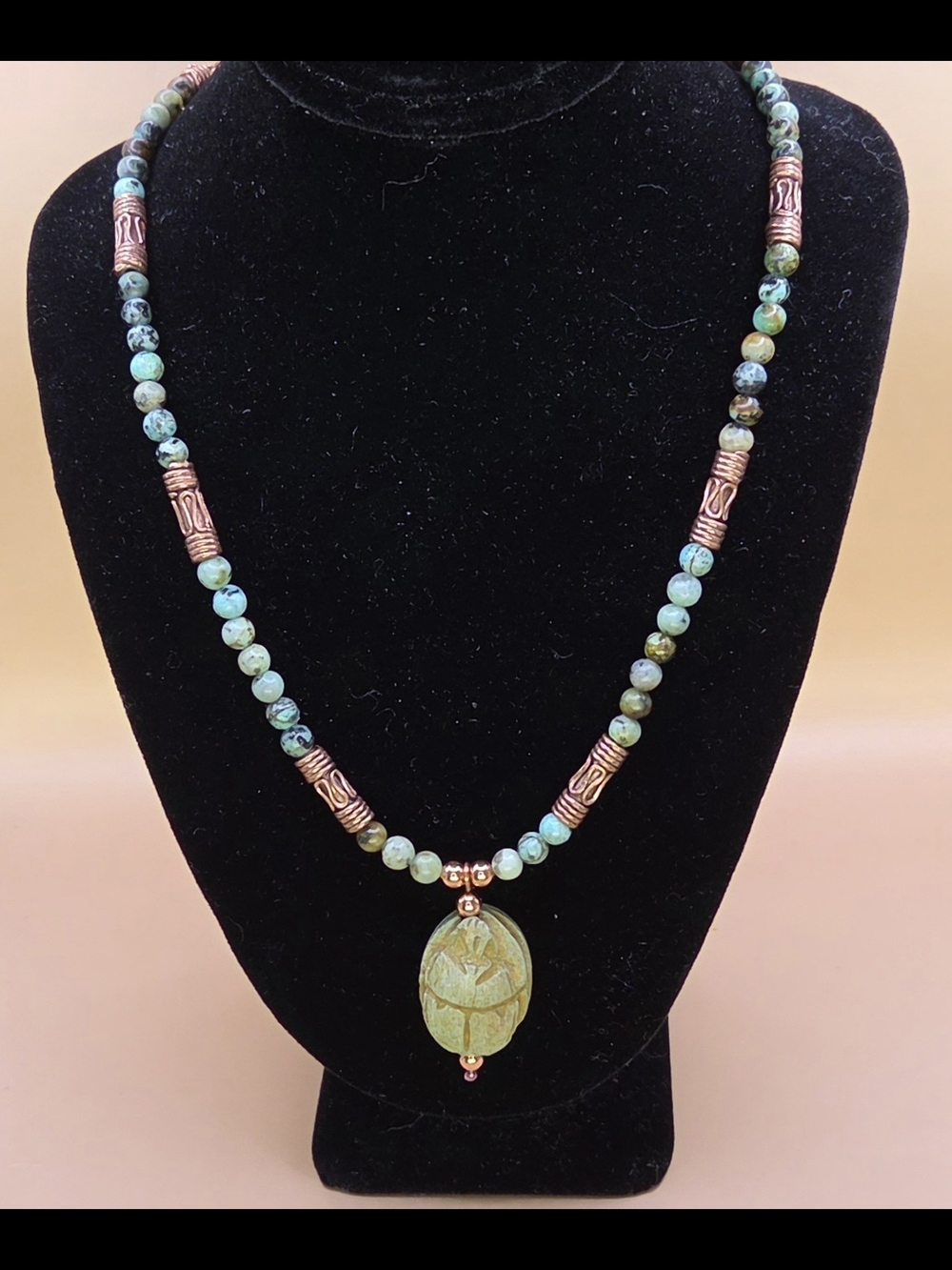 African Turquoise And Copper Beadef Necklace with Sandstone Scarab Pendant